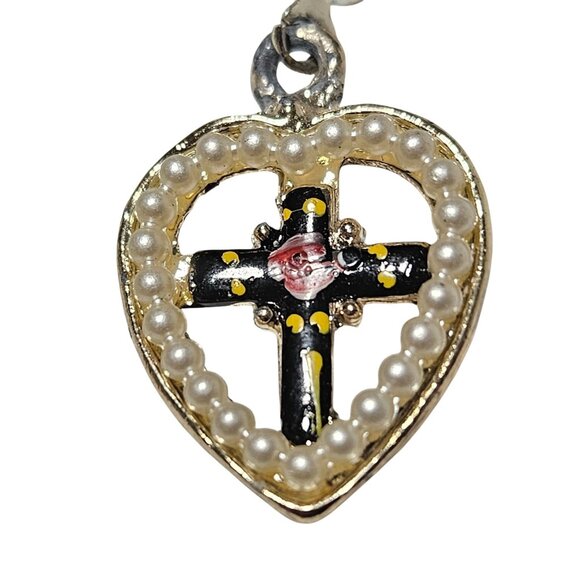 Vintage Faux Pearl Heart Shaped Cross Screw Back Earrings Religious Jewelry - Picture 3 of 6